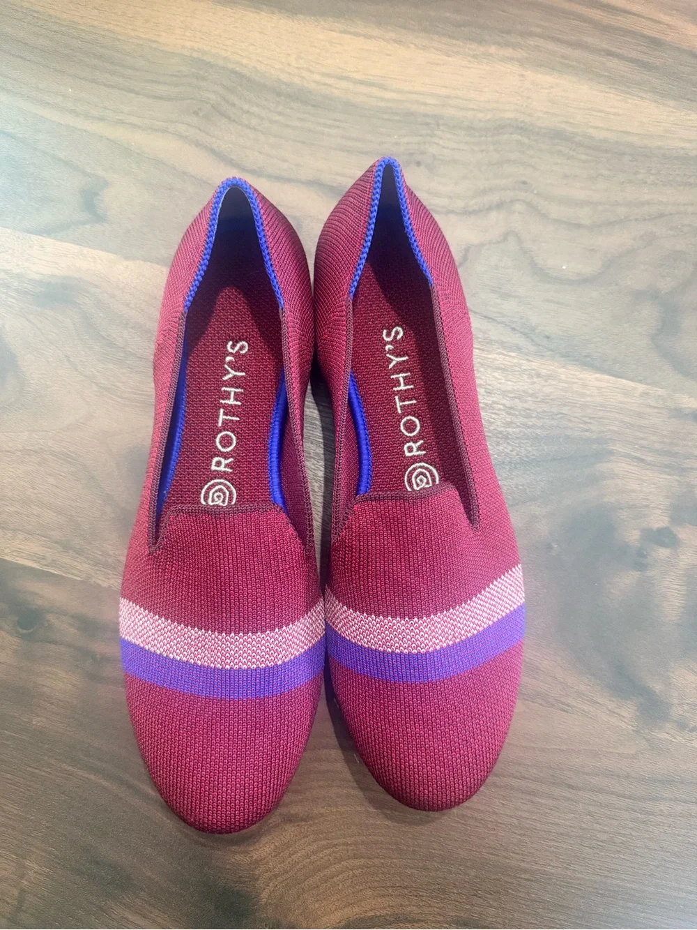 Rothy's Burgundy Flats with Beige and Blue Stripes - Picture 4 of 4